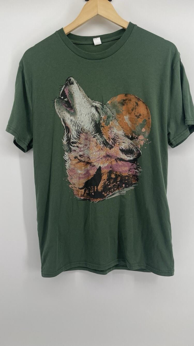 Wolf Moon Graphic T Shirt Large Green Nature Animal Forest Howling Tee L
